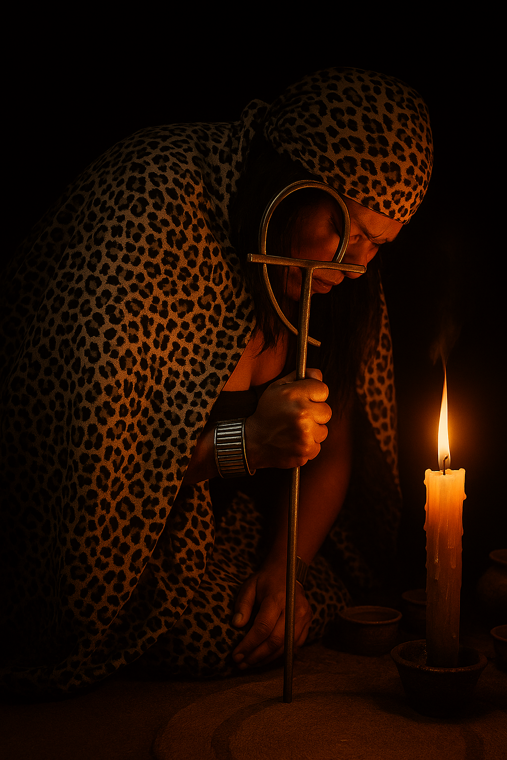 Traditional healer in leopard print robe with sacred staff and candle
