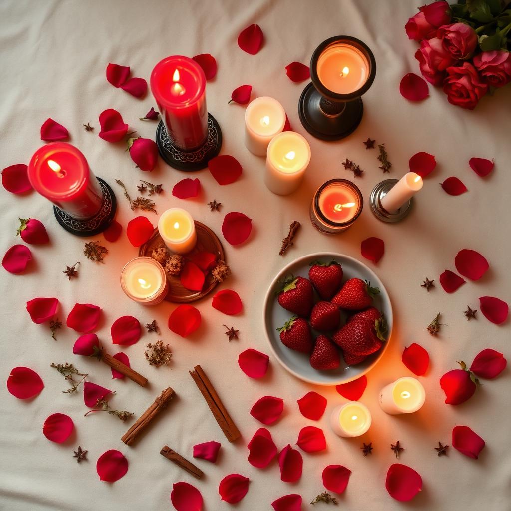 Love spell altar with red candles, rose petals and strawberries